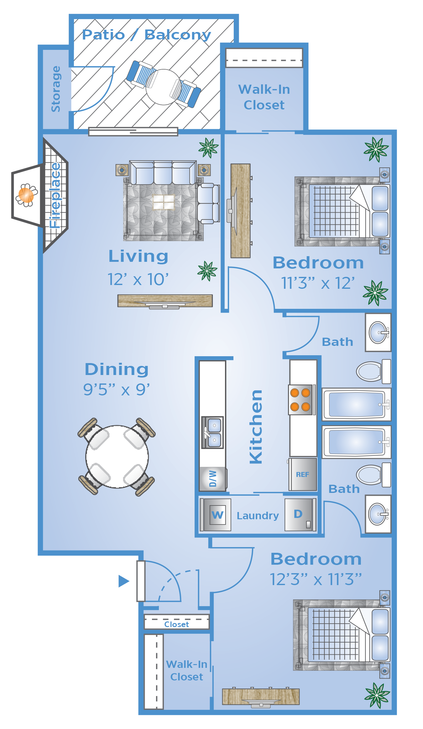 Floor plan for 2 beds, 2 baths, 924 sqft